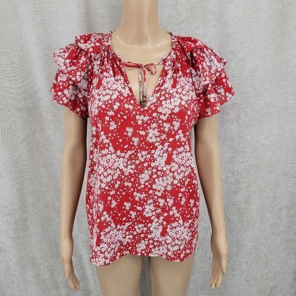 Sundays Bresson Top in Cherry Blossom Print Teired Ruffled Sleeves Red